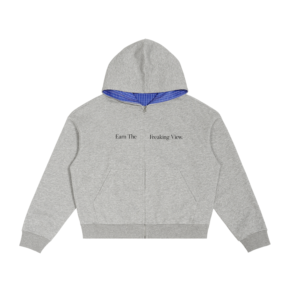 Contrast Plaid Boxy Zip Hoodie