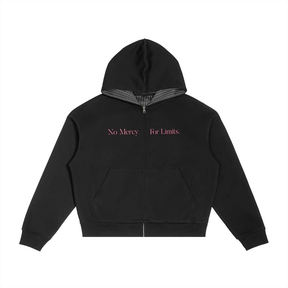 Contrast Plaid Boxy Zip Hoodie